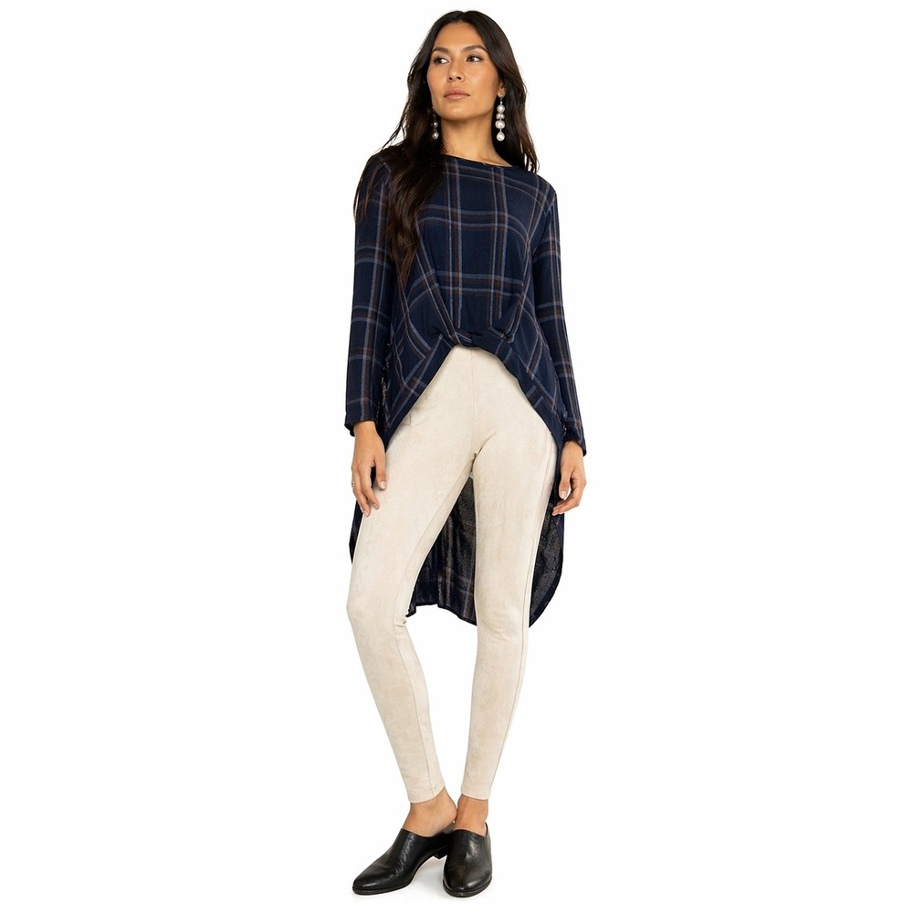 NÜMPH Zerlina Navy Plaid Twisted High-Low Tunic Top Long Sleeve‎ UK 14